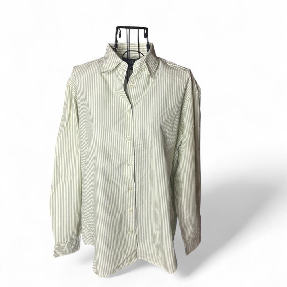 Lands' End Women's Size 14 Green White Striped Button Down Shirt Cotton